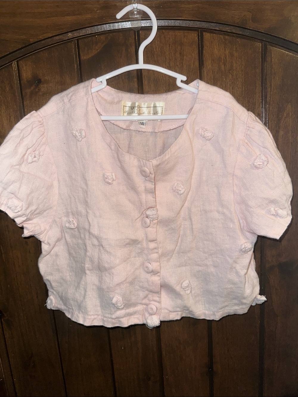 Rosette Button-Front Cropped Top in Soft Pale Pink